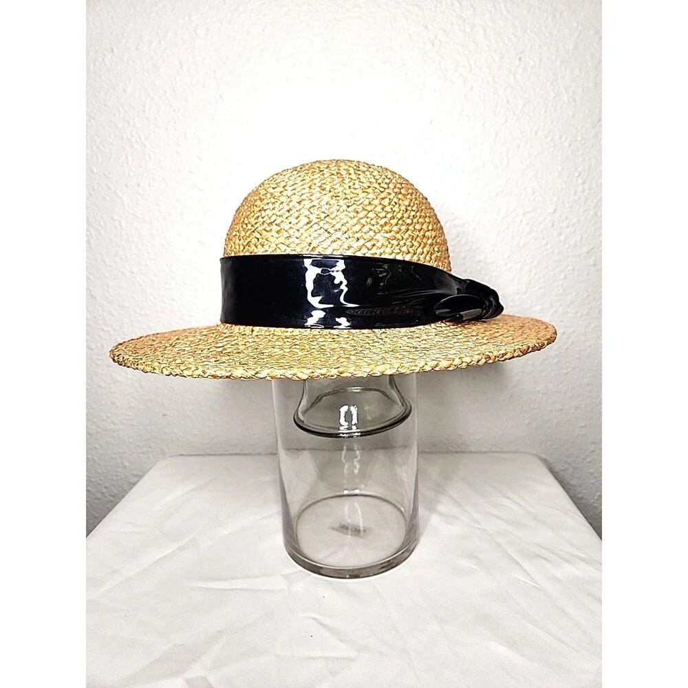 Straw Hat With Patent Black Leather Band Women's